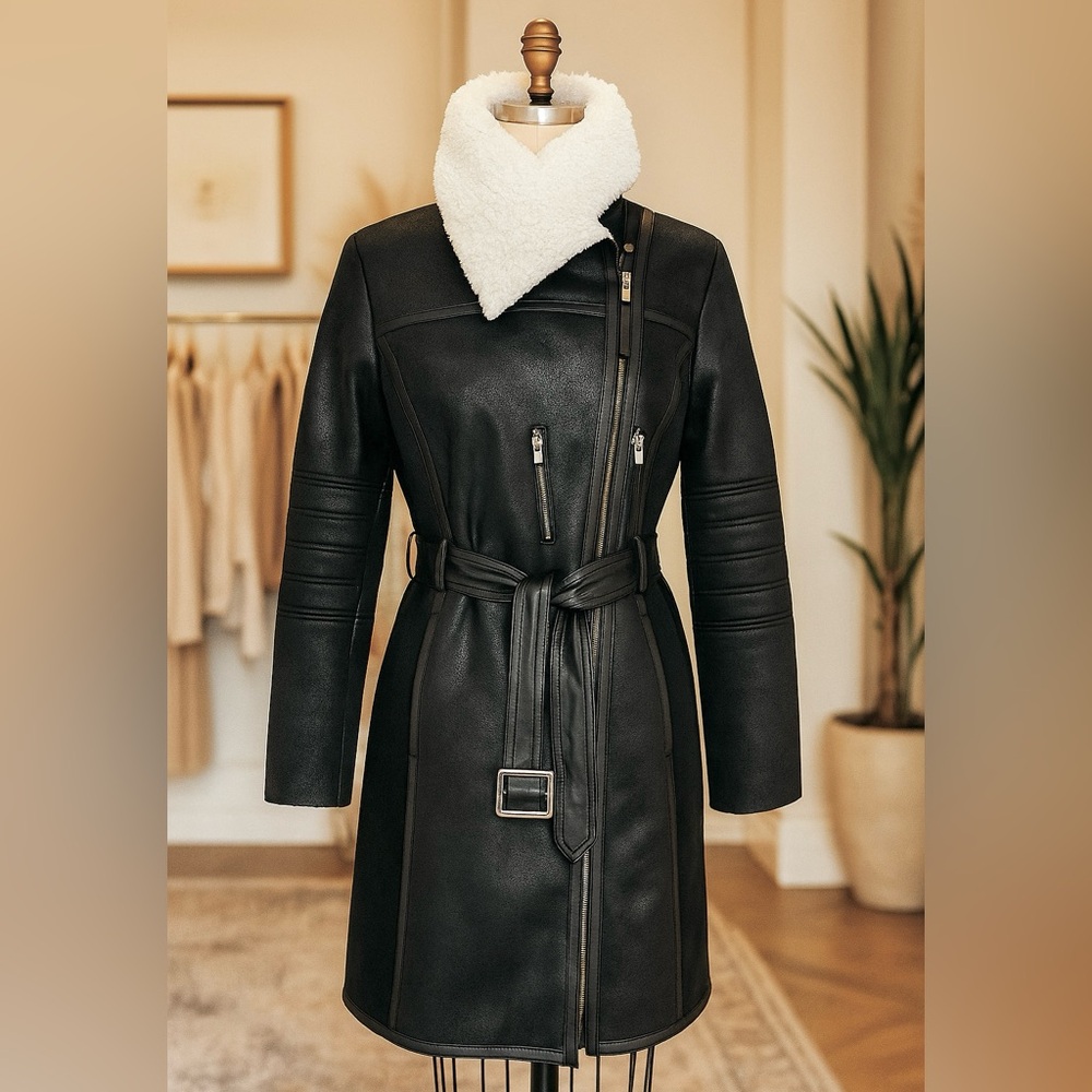 Vince Camuto NEW Black/Cream in Shearling Fur Women's Jacket